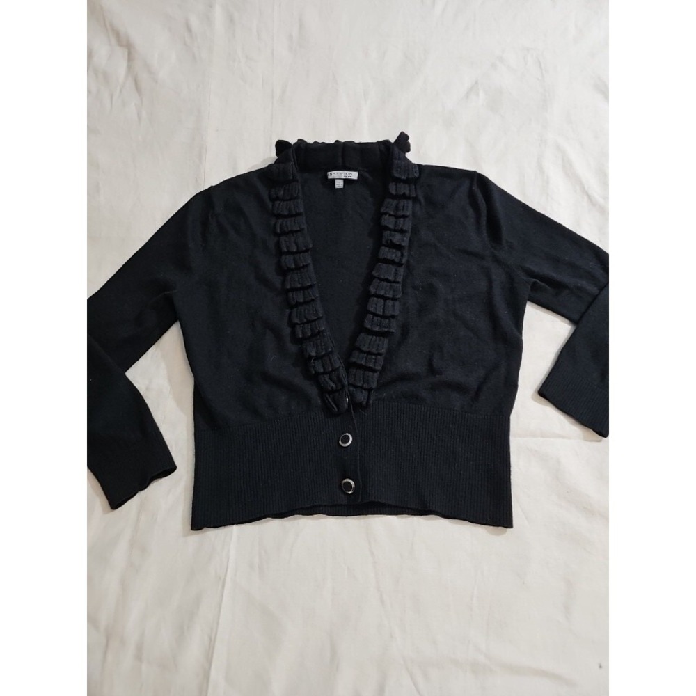 Anne Klein Black Silk Cashmere Cardigan Sweater Ruffle V neck  3 Button sz Small